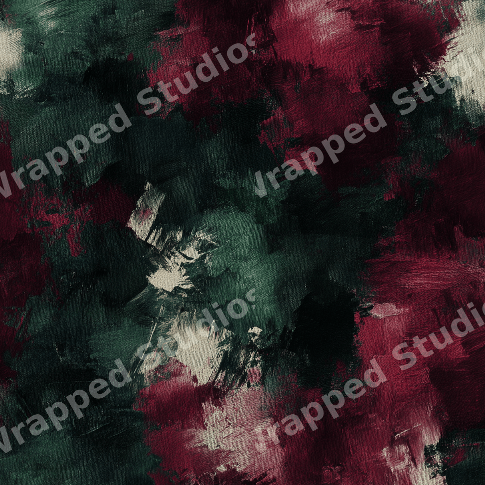 Moody modern abstract print with textured forest green and burgundy oil paint brushstrokes.