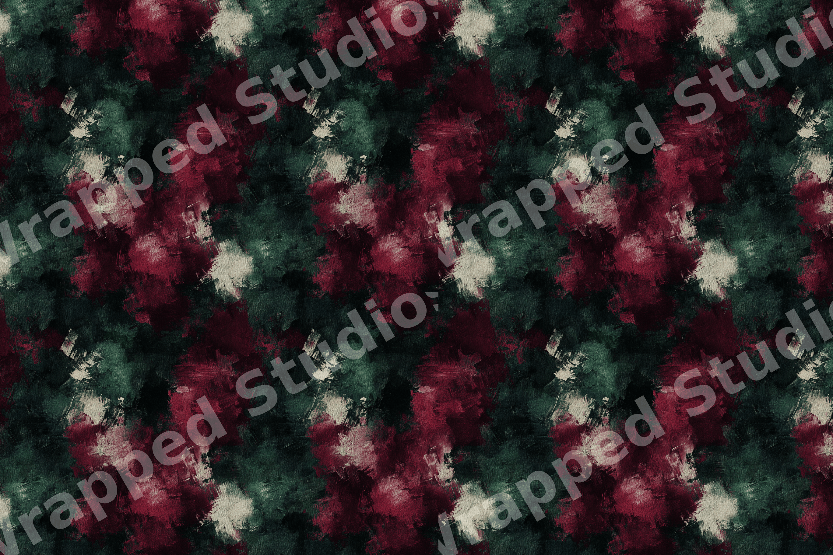 Moody modern abstract print with painterly brushstrokes in burgundy red, dark forest green, and cream.