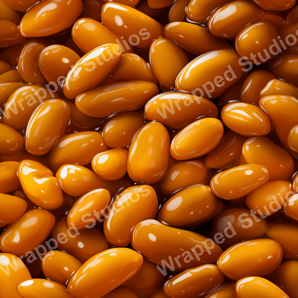 Seamless pattern of glossy, caramel-colored jelly bean shapes in an abstract, contemporary style.