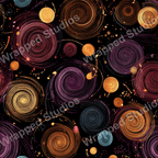 Seamless abstract pattern with swirling lines and dots in gold, pink, purple, and teal on black.