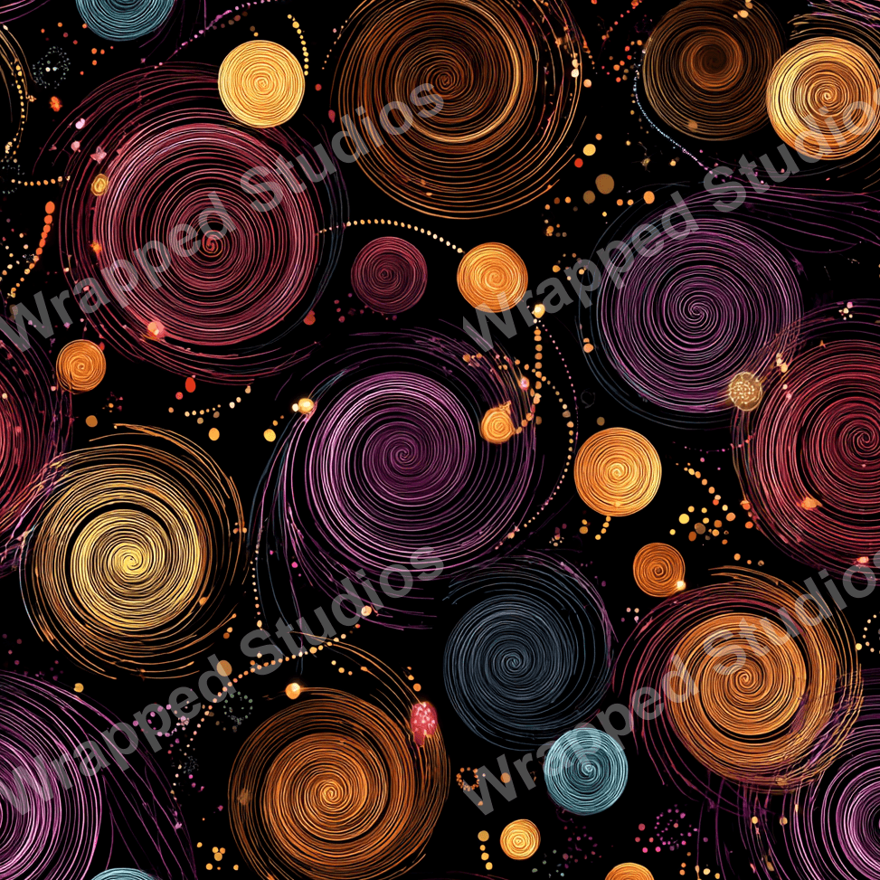 Seamless abstract pattern with swirling lines and dots in gold, pink, purple, and teal on black.