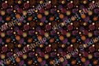 Seamless pattern features swirling spirals in shades of bronze, purple, and gold on a black background.