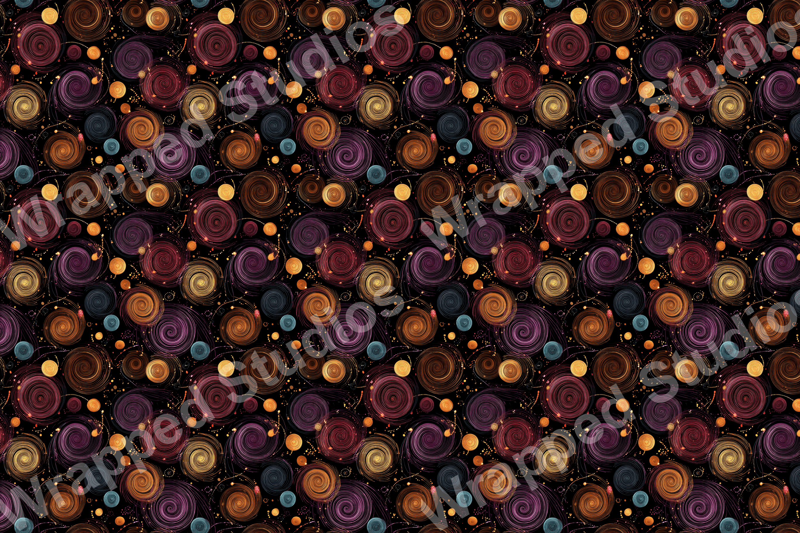 Seamless pattern features swirling spirals in shades of bronze, purple, and gold on a black background.