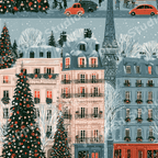 Vintage winter Paris pattern with snowy French buildings, the Eiffel Tower, and decorated Christmas trees.
