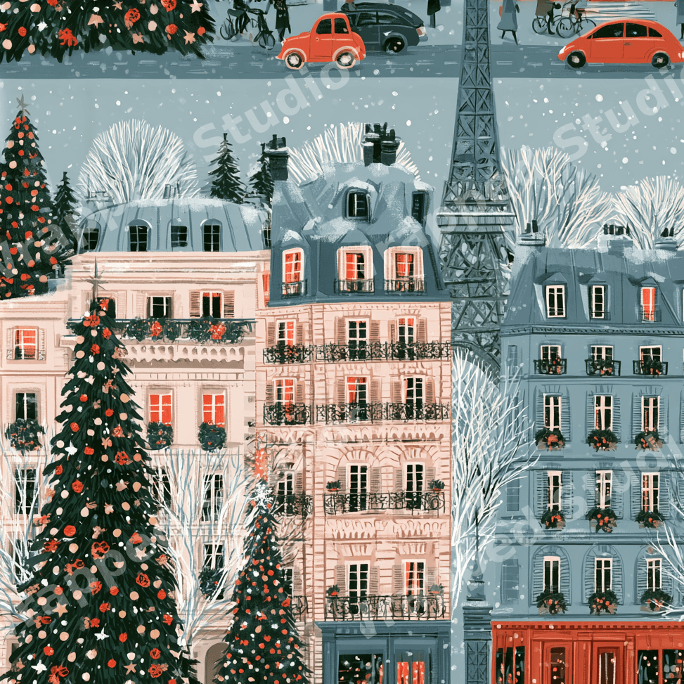 Vintage winter Paris pattern with snowy French buildings, the Eiffel Tower, and decorated Christmas trees.