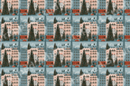 Whimsical Paris Christmas pattern with snowy holiday buildings, decorated pine trees, and vintage red cars.