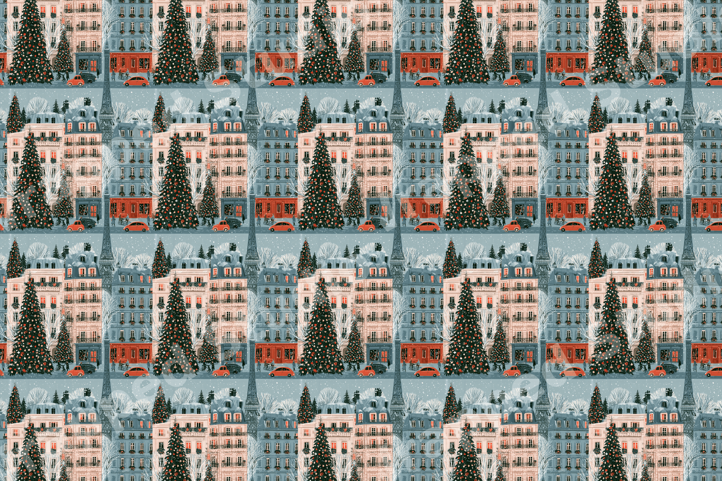 Whimsical Paris Christmas pattern with snowy holiday buildings, decorated pine trees, and vintage red cars.