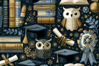 Academic seamless pattern featuring owls, graduation caps, books, and golden stars on a dark blue background.