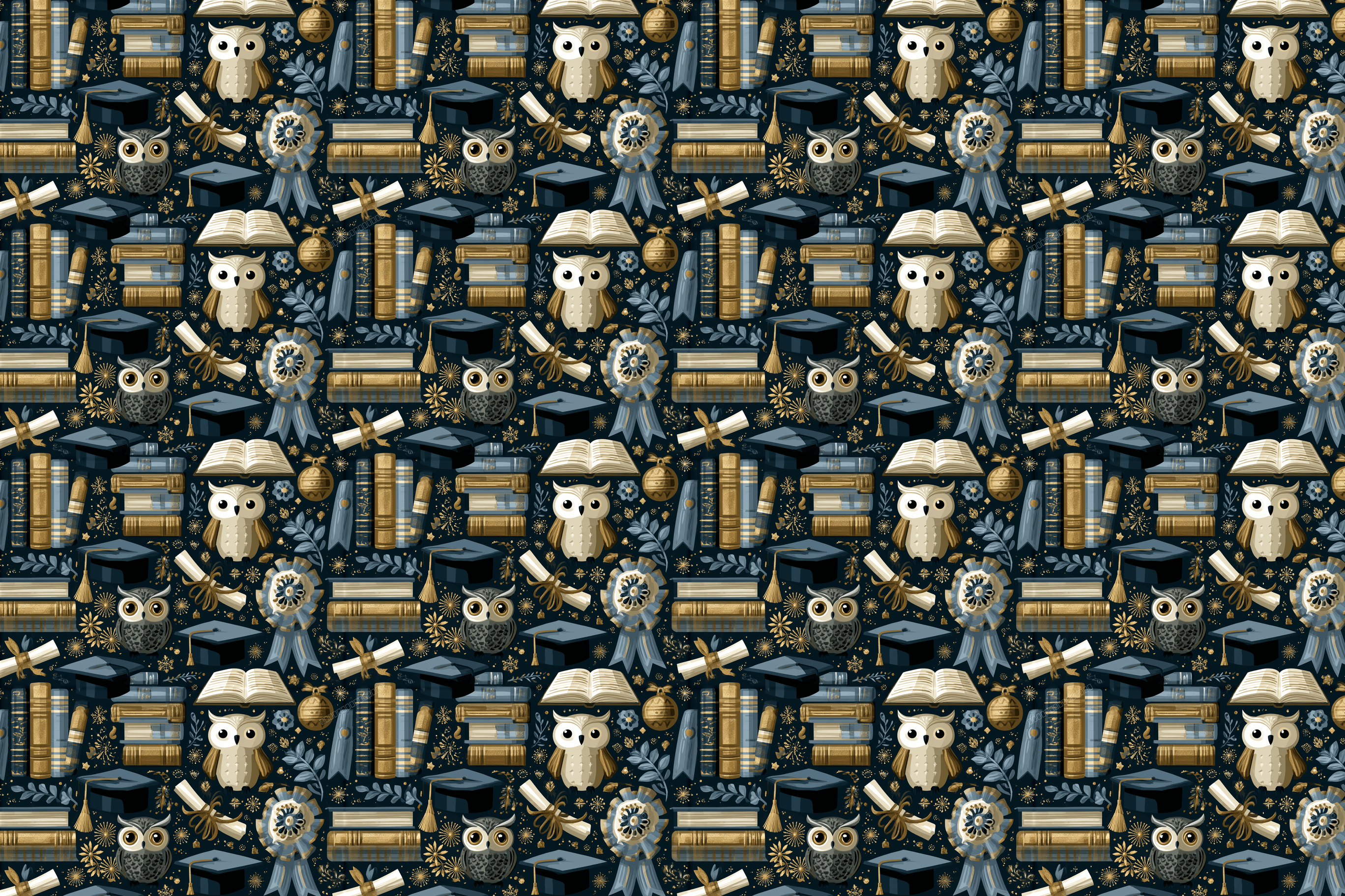 Academic pattern featuring owls, graduation caps, books, and diplomas in a vintage navy and gold scholarly design.