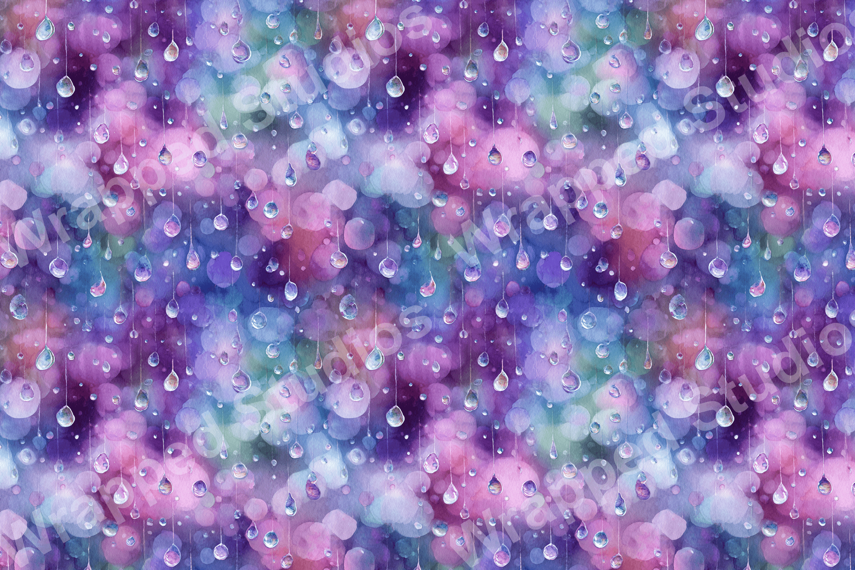 Watercolor raindrop pattern in shades of purple, pink, and blue with bokeh lights creates a dreamy effect.