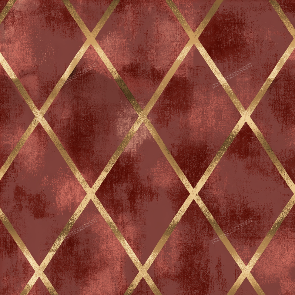Elegant burgundy and gold geometric pattern with a distressed, vintage harlequin diamond design.