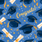 Graduation seamless pattern with blue caps, diplomas, gold stars, and congrats text.