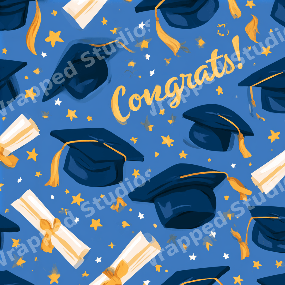 Graduation seamless pattern with blue caps, diplomas, gold stars, and congrats text.