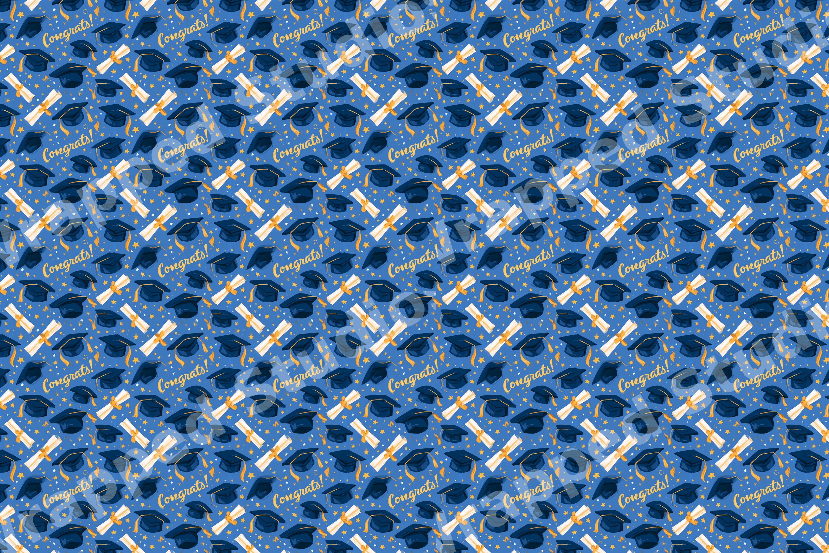 Festive graduation pattern with navy caps, white diplomas, gold stars, and yellow Congrats text on blue.