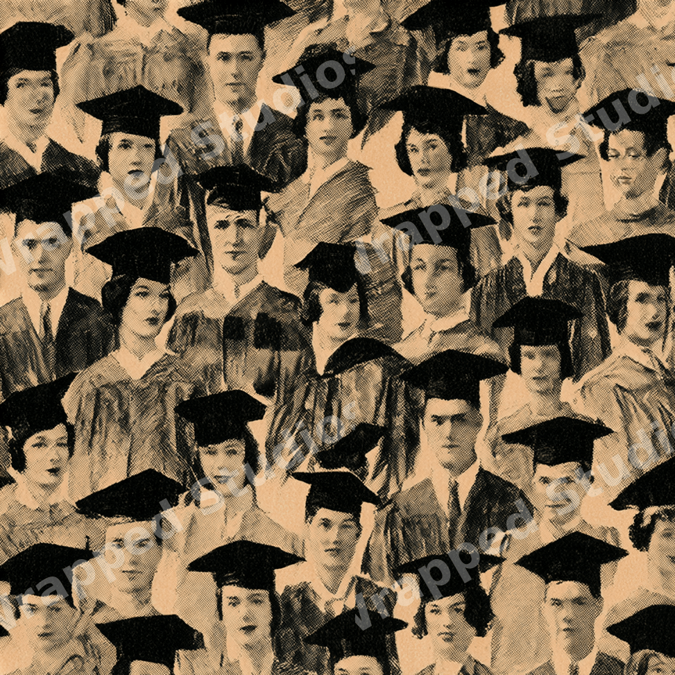 Seamless vintage graduation pattern featuring a black sketch collage of graduates in academic caps and gowns.