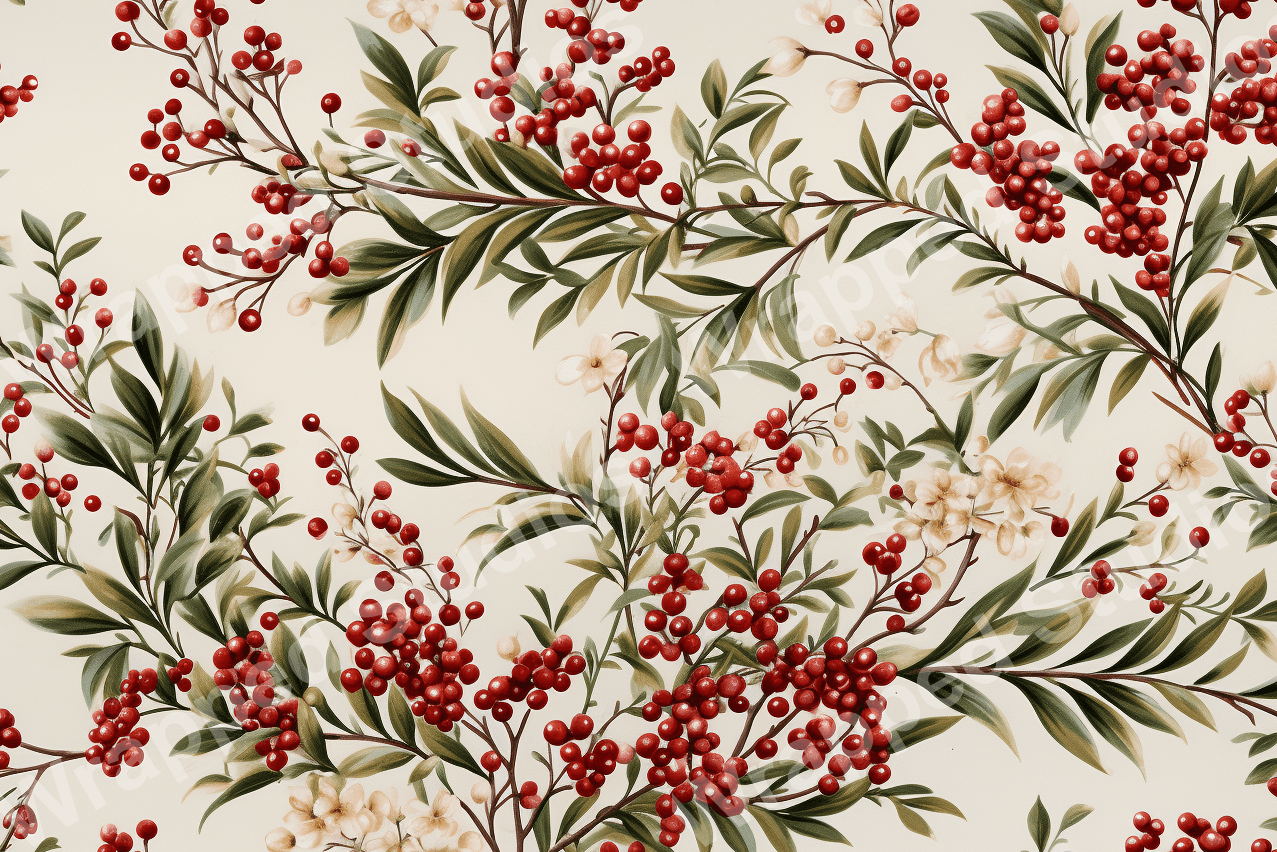 Elegant vintage botanical design with red berries, green leaves, and cream flowers.
