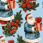 Vintage Christmas pattern with retro blue Santa Claus, red flowers, and pine branches on a light blue background.