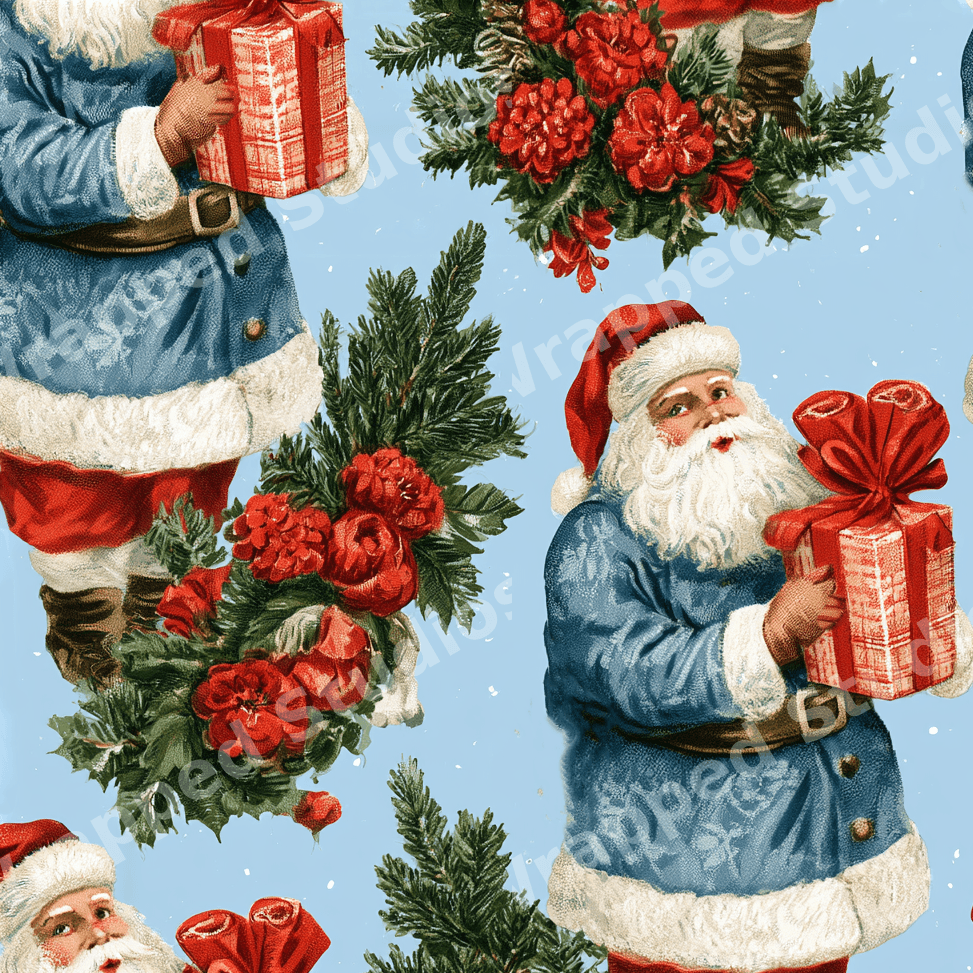 Vintage Christmas pattern with retro blue Santa Claus, red flowers, and pine branches on a light blue background.