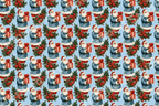 Vintage Christmas pattern of blue Santa Claus, red gifts, and pine branches on light blue.