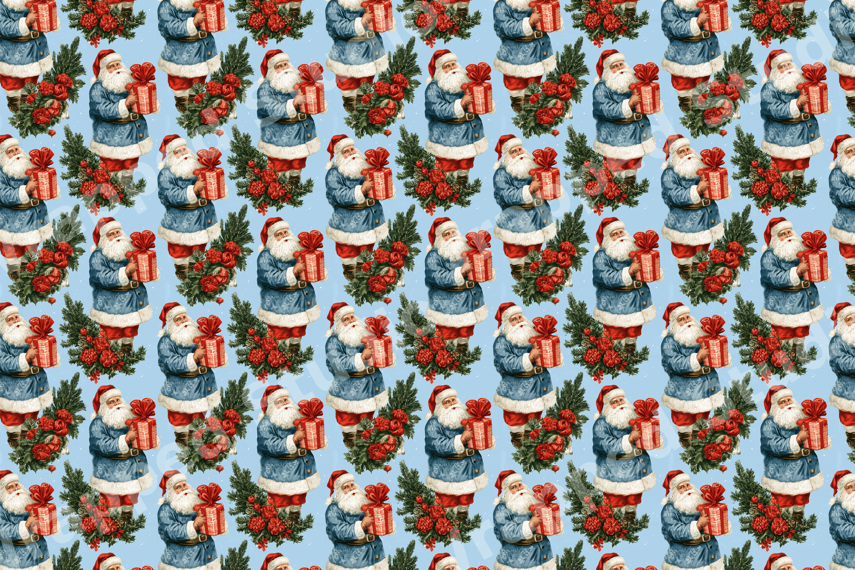 Vintage Christmas pattern of blue Santa Claus, red gifts, and pine branches on light blue.