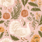 Vintage botanical design with white turkeys, pumpkins, and autumn florals on a soft pink background.