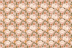 Vintage Thanksgiving floral pattern with white turkeys and orange pumpkins on a dusty rose background.