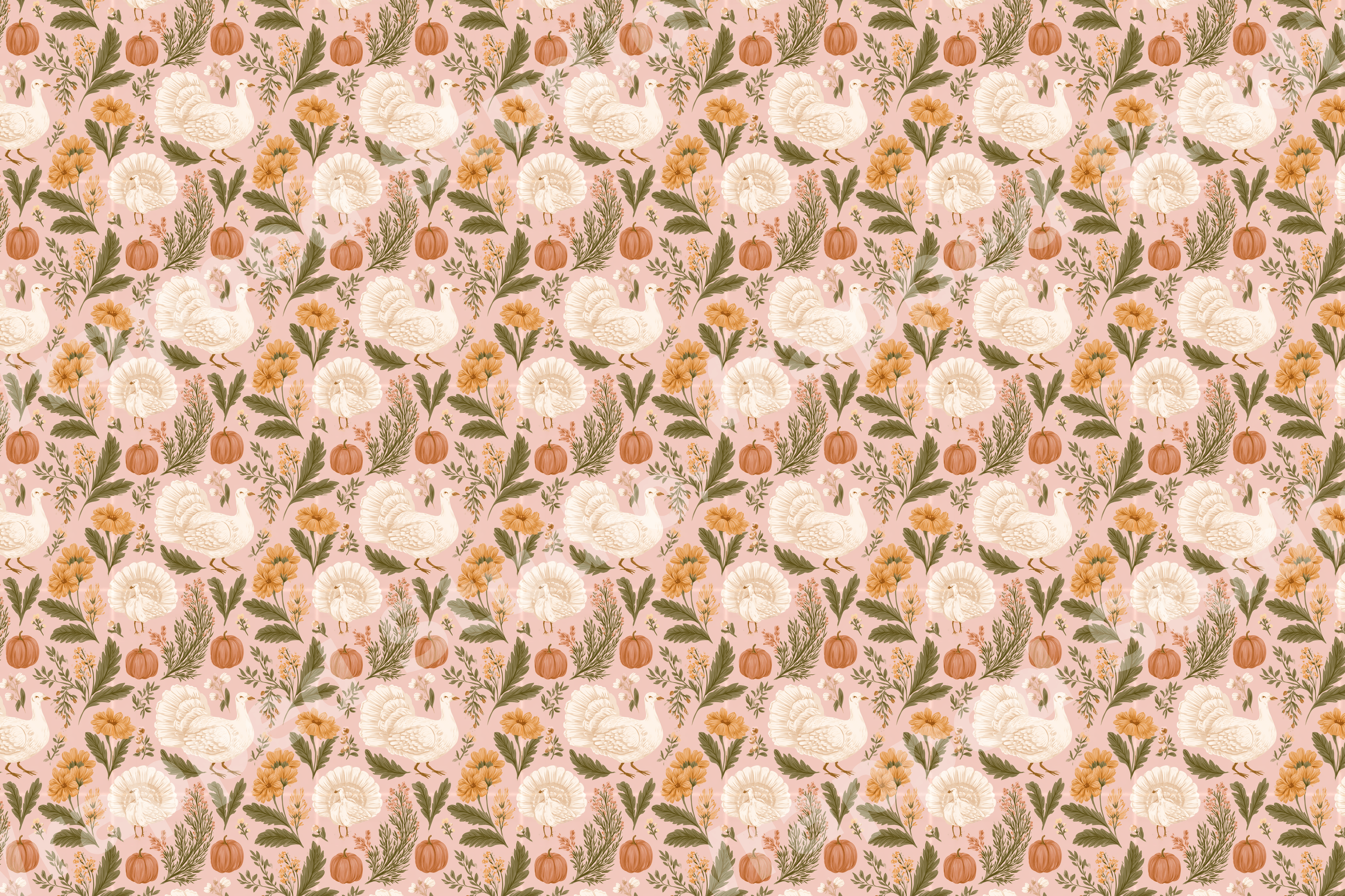 Vintage Thanksgiving floral pattern with white turkeys and orange pumpkins on a dusty rose background.