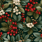 Vintage botanical design featuring red and white berries and green leaves on a dark background.