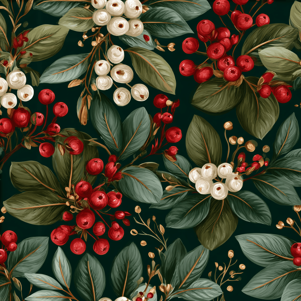 Vintage botanical design featuring red and white berries and green leaves on a dark background.