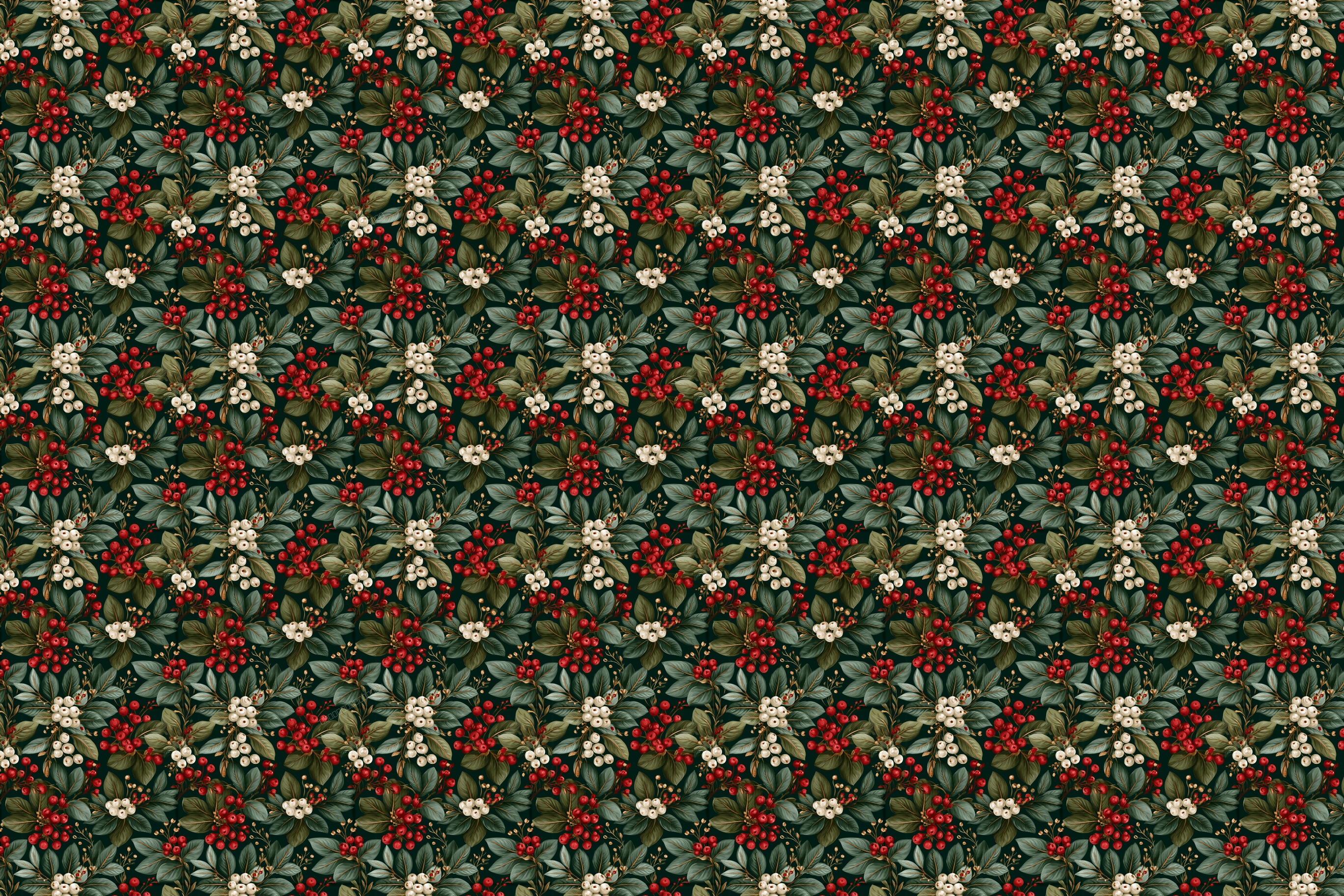 Vintage botanical design of a seamless holiday floral pattern with red and white berries and green leaves.