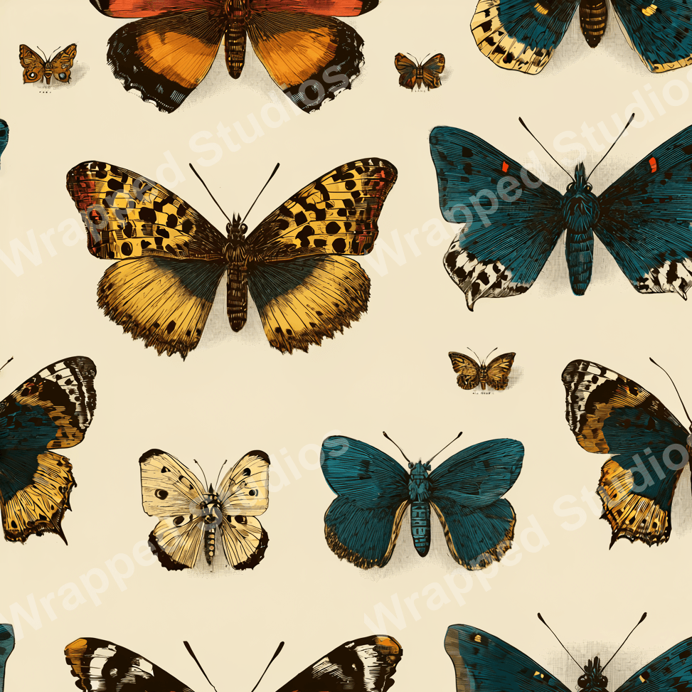 Elegant butterfly pattern with vintage botanical illustration style in teal, orange, yellow, and cream.