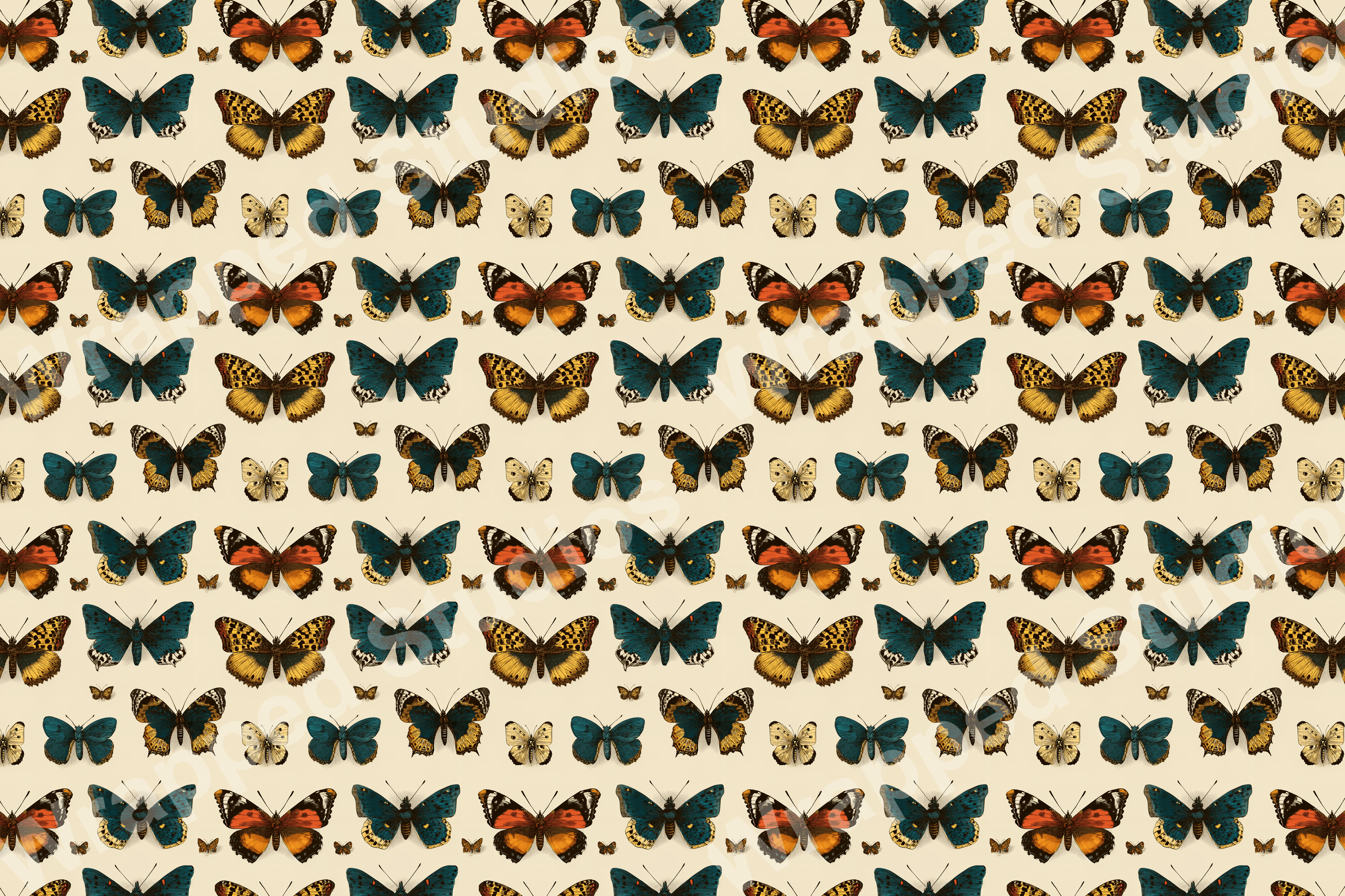 Detailed butterfly pattern with blue, yellow, and orange wings on a neutral background.