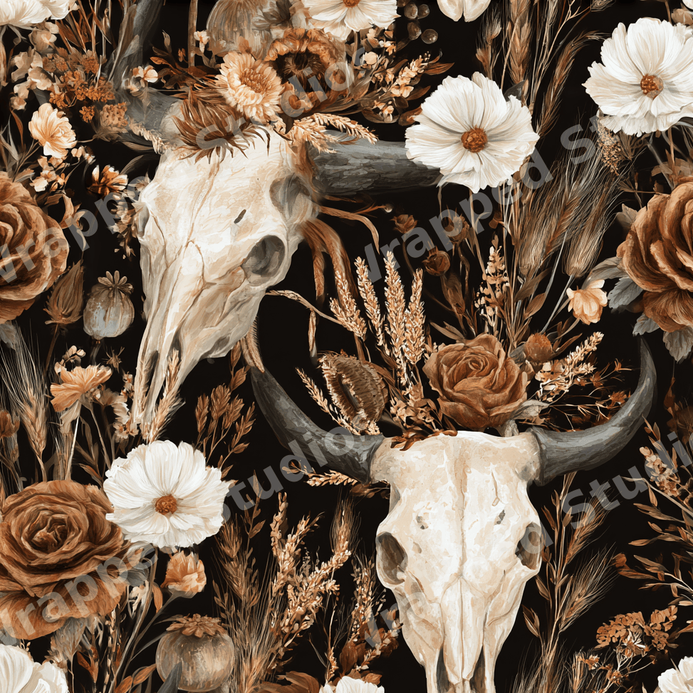 Moody boho floral pattern with bull skulls, rust roses, and dried botanicals on a dark background.