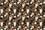 Vintage botanical pattern featuring rustic bull skulls, brown roses, and wildflowers on a dark background.