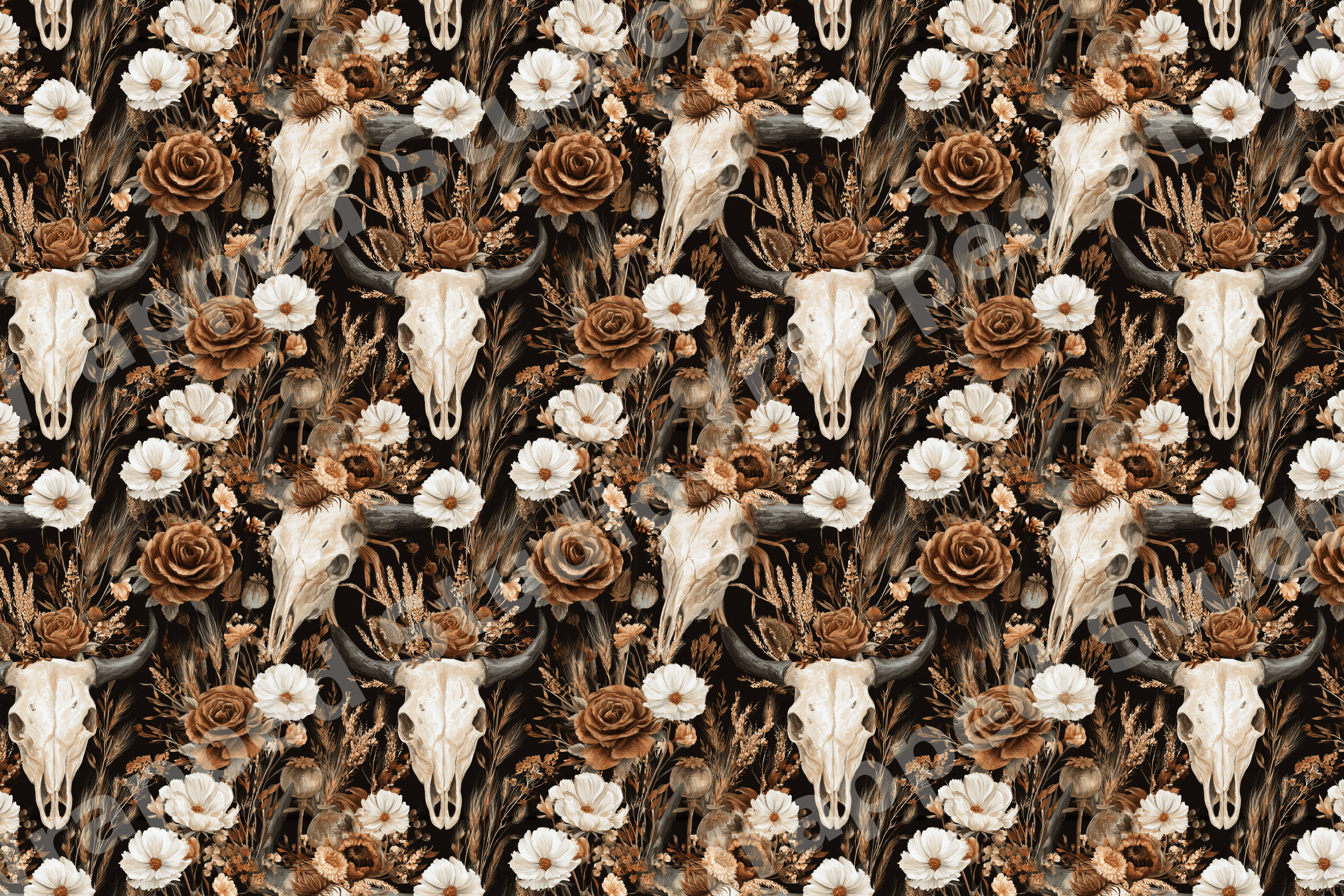 Vintage botanical pattern featuring rustic bull skulls, brown roses, and wildflowers on a dark background.