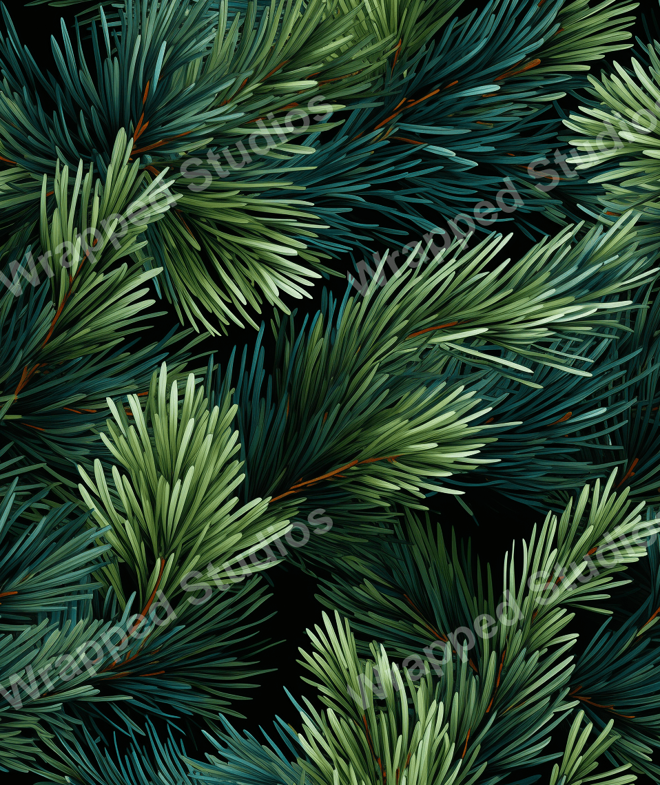 Lush evergreen pine botanical pattern with realistic branches in various forest green and teal shades.