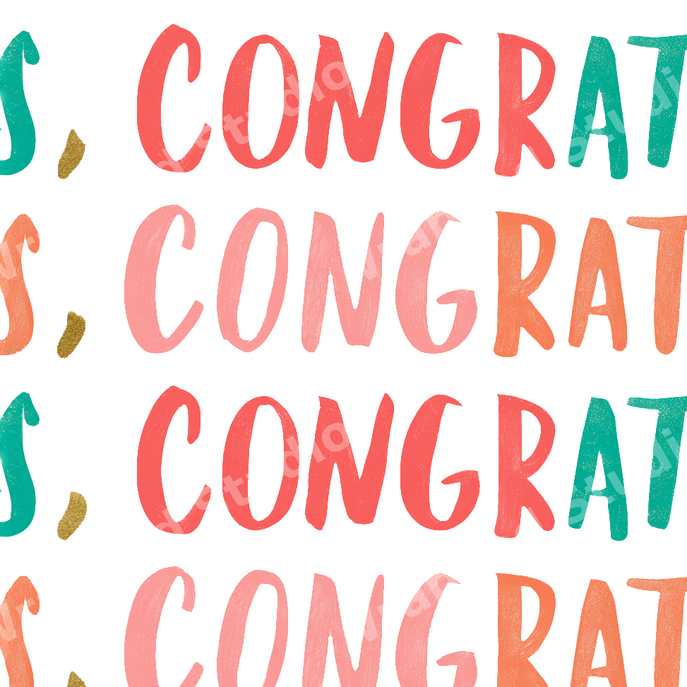 Playful typographic pattern of repeating hand-lettered "CONGRATS" in coral, pink, teal, and gold.