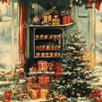 Vintage Christmas pattern featuring a decorated tree and cozy winter scene in nostalgic red and green.