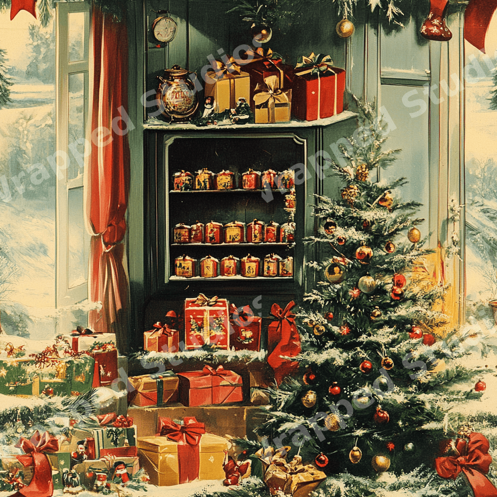 Vintage Christmas pattern featuring a decorated tree and cozy winter scene in nostalgic red and green.