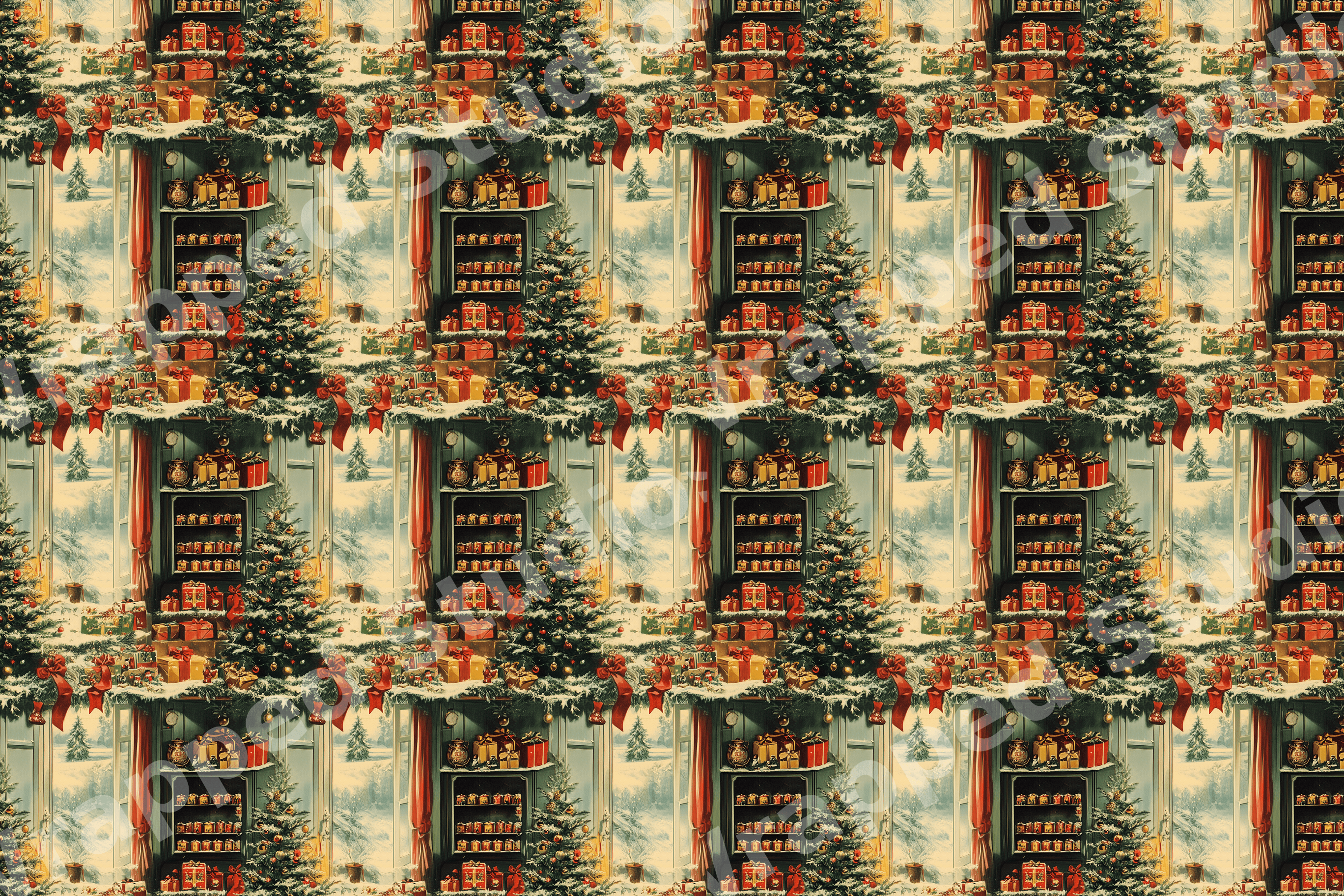 Vintage Christmas pattern featuring decorated holiday trees, snowy winter windows, and nostalgic red accents.