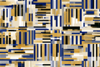Modern abstract geometric pattern with vertical and horizontal gold, navy blue, and black bars on a cream background.