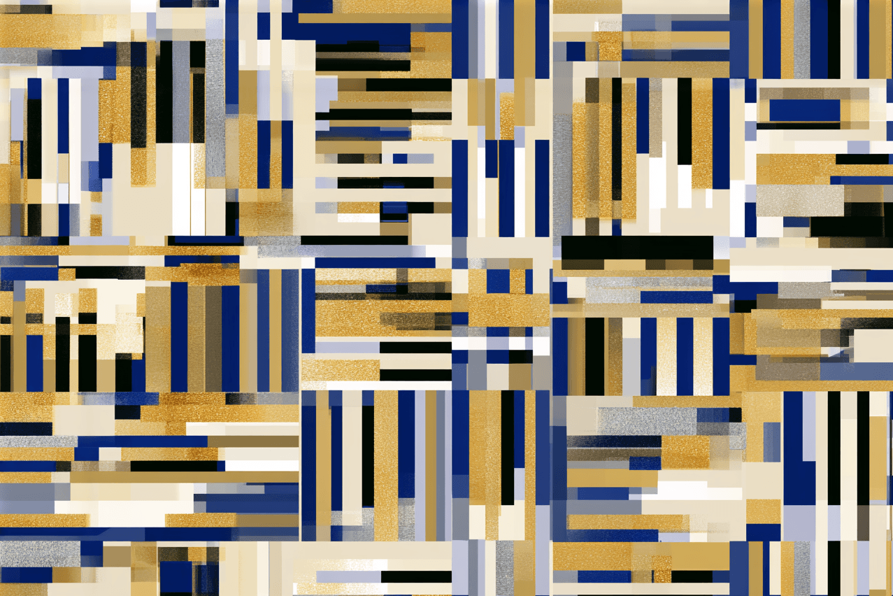 Modern abstract geometric pattern with vertical and horizontal gold, navy blue, and black bars on a cream background.