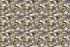 Modern geometric pattern featuring intersecting blocks of navy blue, gold, and white vertical and horizontal lines.