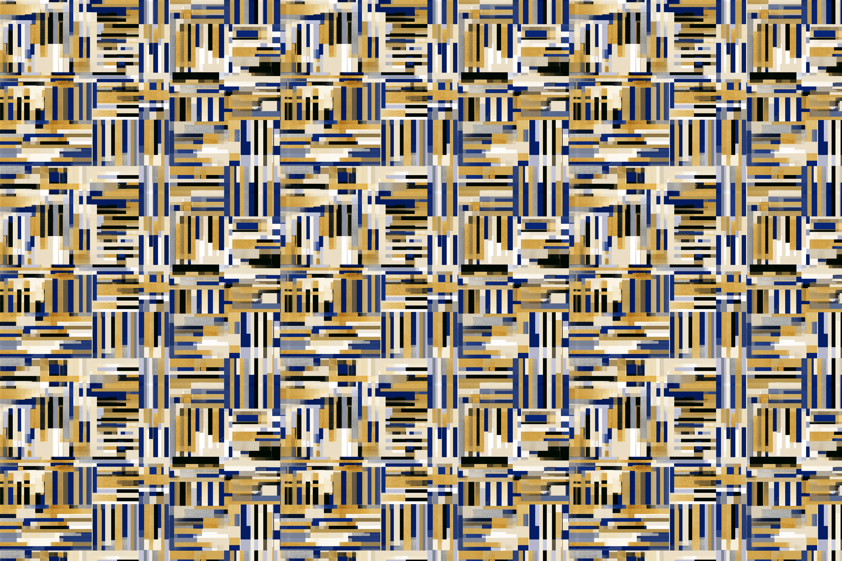 Modern geometric pattern featuring intersecting blocks of navy blue, gold, and white vertical and horizontal lines.