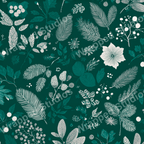Elegant floral pattern with illustrated winter foliage in teal and silver on a dark green ground.