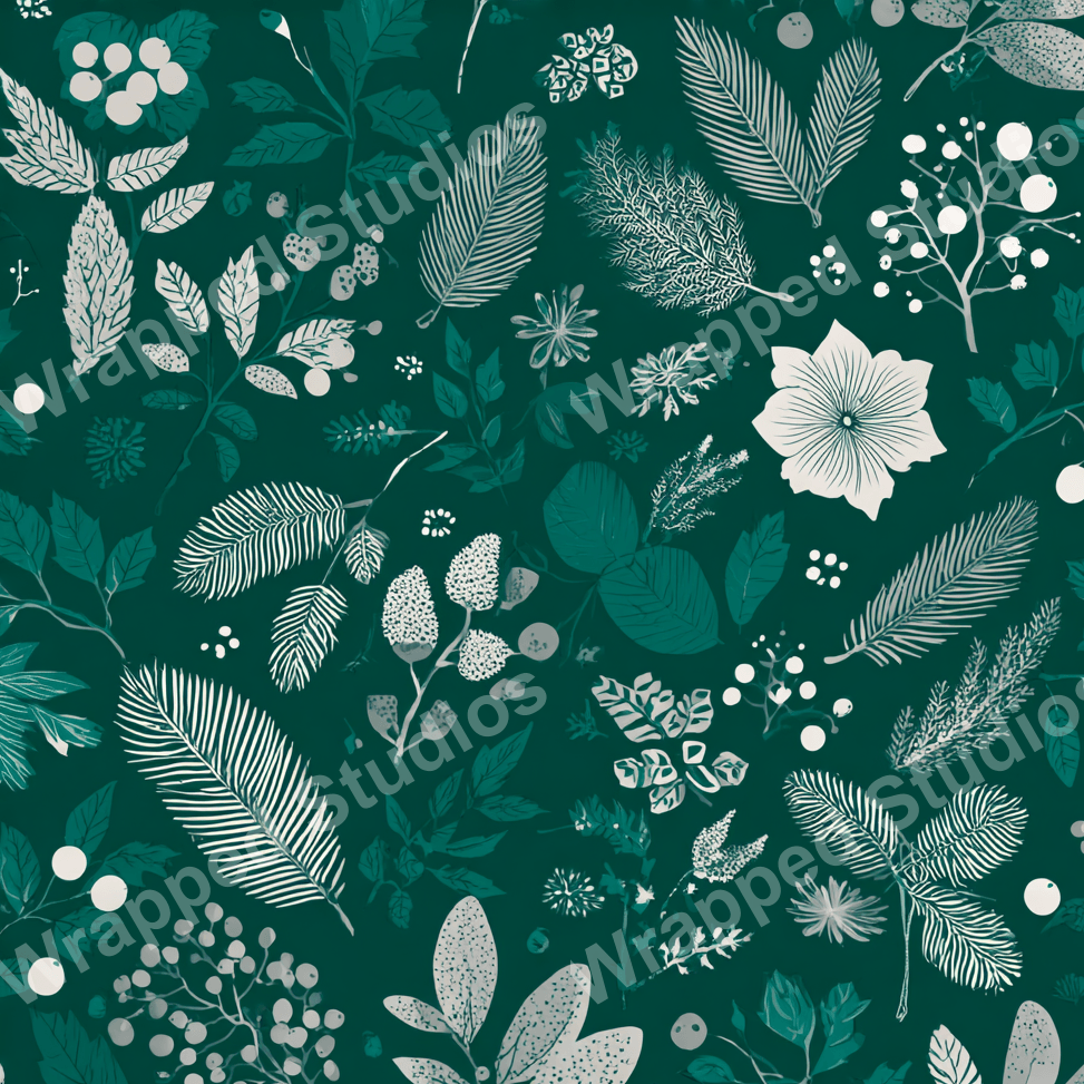 Elegant floral pattern with illustrated winter foliage in teal and silver on a dark green ground.