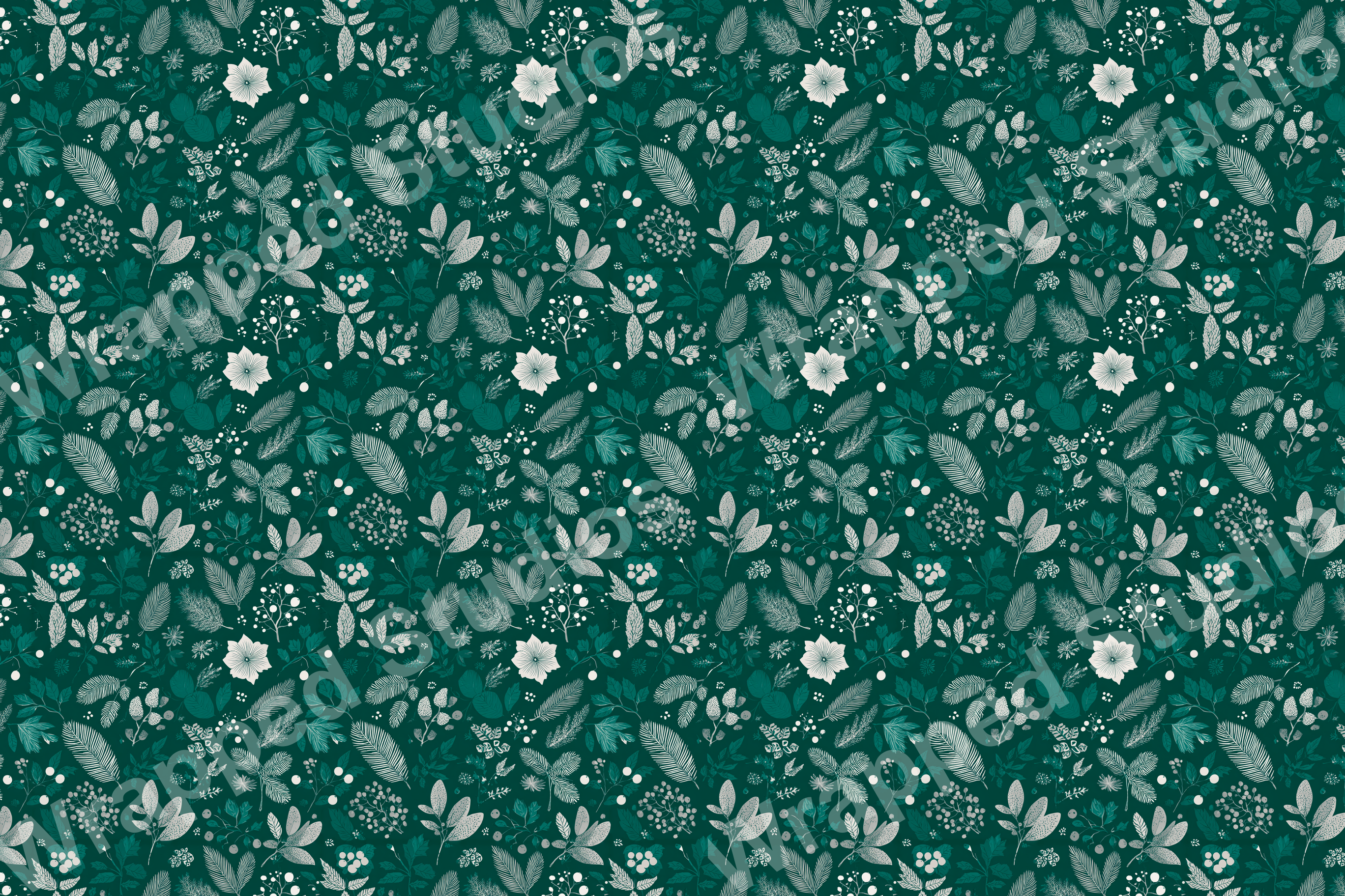 Elegant floral pattern with botanical leaf and berry motifs in shades of emerald, teal, and white.