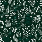 Elegant floral pattern with white botanical elements on a dark green background.