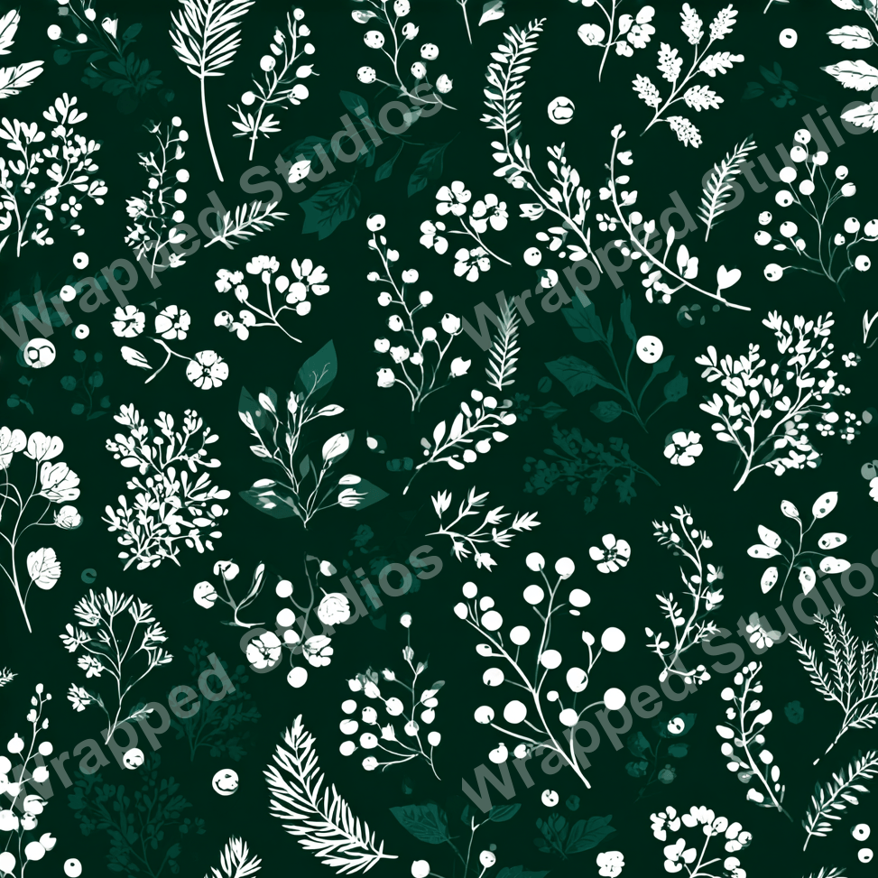 Elegant floral pattern with white botanical elements on a dark green background.