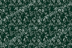Elegant botanical pattern with white florals and leaves on a dark green ground.